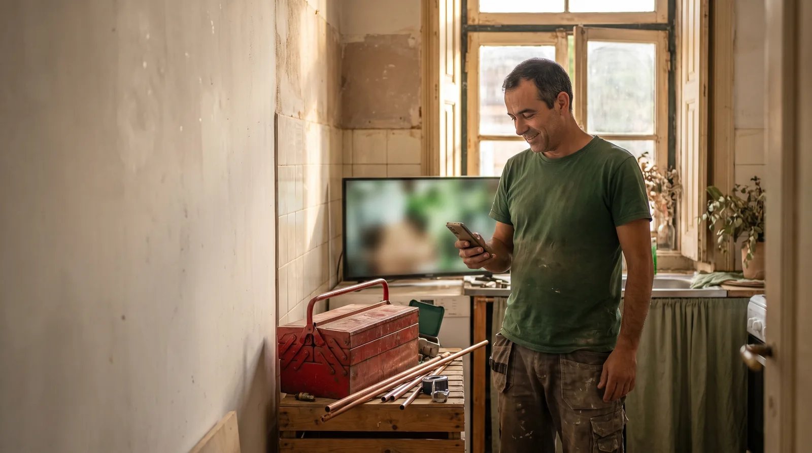 Canalizador numa cozinha em obra, a sorrir enquanto vê o telemóvel