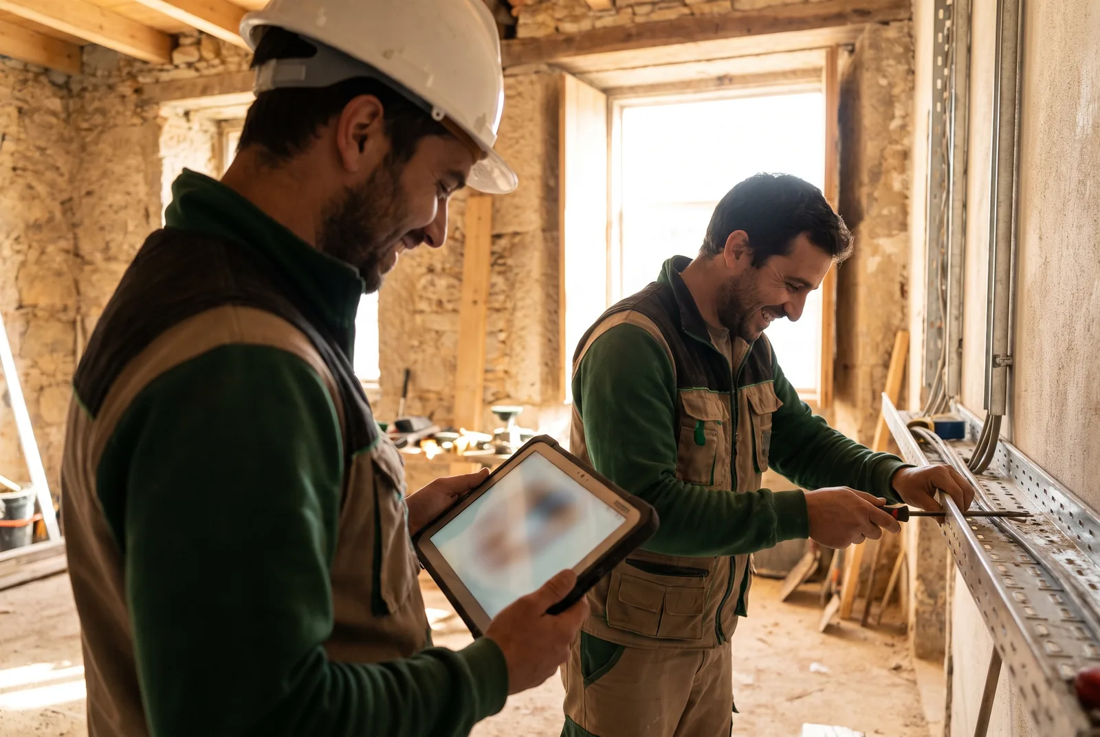 Dois eletricistas numa obra, um deles a registar o trabalho num tablet