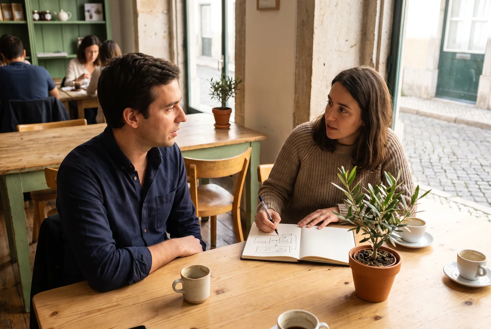 Duas pessoas numa reunião num café, a esboçar um processo num caderno